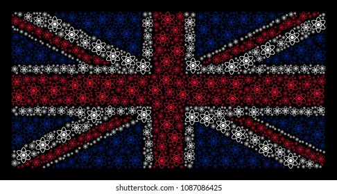 Die Zusammensetzung der britischen Flagge wurde aus Atom-Piktogrammen auf dunklem Hintergrund entwickelt. Konstruktionselemente von Vektoratomen werden in die konzeptionelle britische Flaggenzusammensetzung eingebunden.