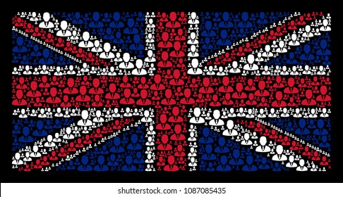 Great Britain State Flag concept constructed of businessman elements on a dark background. Vector businessman items are united into mosaic English flag pattern.