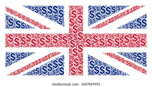 Great Britain State Flag mosaic designed of dollar design elements. Vector dollar items are composed into conceptual English flag illustration.