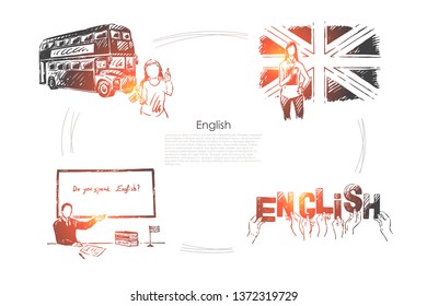 Great Britain traveling, british culture exploration, foreign study, citizenship exam, hands holding letters banner. English language learning concept sketch. Hand drawn vector illustration