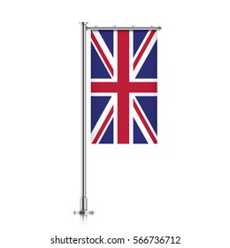 Great Britain vector banner flag hanging on a silver metallic pole. Vertical UK flag template isolated on a white background.