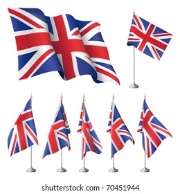 Great Britain vector flags. A set of flags with metal stand, and one wavy flag fluttering on the wind. Created using gradient meshes.