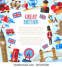 Great Britain vector flat design postcard template with British travel, tourism icons and infographics elements