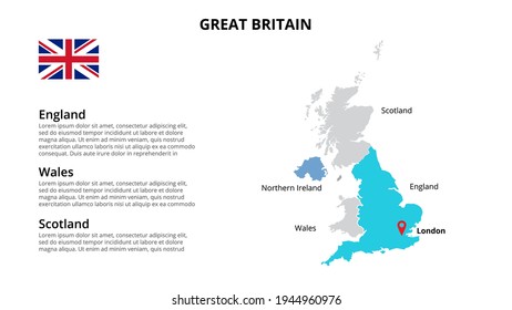 Plantilla de infografía de mapas vectoriales de Gran Bretaña dividida por países. Presentación con diapositivas.