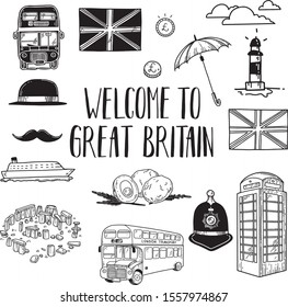 Great Britain vector set of popular symbols. Hand drawn illustration isolated in white background. Police hat, double-decker bus, UK flag, Stonehenge, phone booth, British pound coin, umbrella