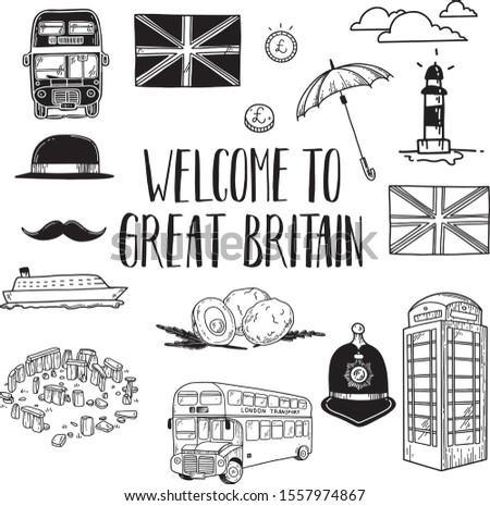 Great Britain vector set of popular symbols. Hand drawn illustration isolated in white background. Police hat, double-decker bus, UK flag, Stonehenge, phone booth, British pound coin, umbrella