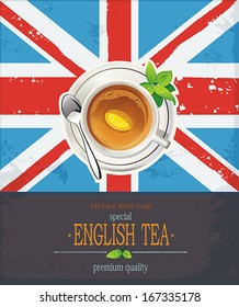 El gran trasfondo británico con un té sobre una bandera británica. Elegante carta romántica con lugar para texto