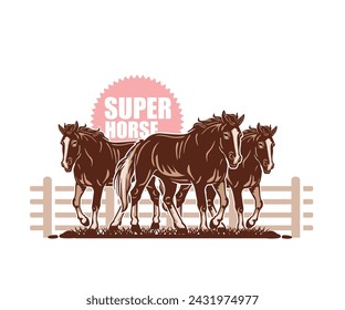 GREAT BROWN PONY HORSE LOGO, silhouette of great icelandic mare in field vector illustrations