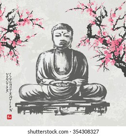 The Great Buddha Daibutsu in Japan with Oriental cherry branches. Hand-drawn sketch. Vector illustration. Hieroglyph "harmony"