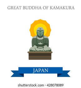 Great Buddha of Kamakura in Japan. Flat cartoon style historic sight showplace attraction web site vector illustration. World cities vacation travel sightseeing Asia Asian Japanese collection.