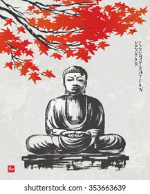Great Buddha of Kamakura with maple branch. Vector illustration. Hieroglyph "harmony"
