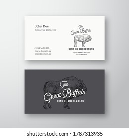 Gran Resumen de búfalo Resumen de diseño de vectores abstractos modernos y plantilla de tarjeta de visita. Ilustración de esbozo de venado dibujado a mano con tipografía retro. Burla Realista De Primera Estacionaria. Aislado.