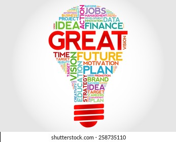 GREAT bulb word cloud, business concept