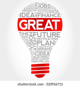 GREAT bulb word cloud, business concept