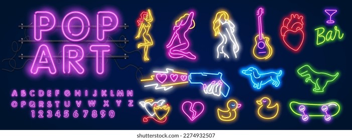 Great bundle neon icons collection. Pop art style. Banana and ice cream. Fruits and hands.