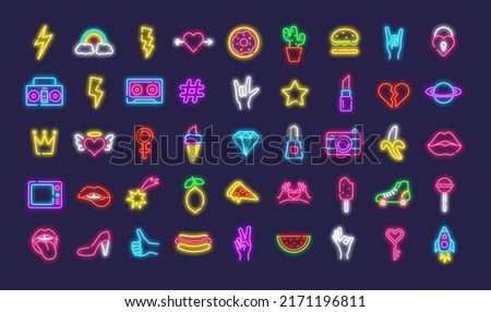 Great bundle neon icons collection. Pop art style. Banana and ice cream. Fruits and hands. Hand poses and rocket. Summer concept. Burger and pizza. Vector stock set illustration
