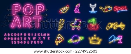 Great bundle neon icons collection. Pop art style. Banana and ice cream. Fruits and hands.