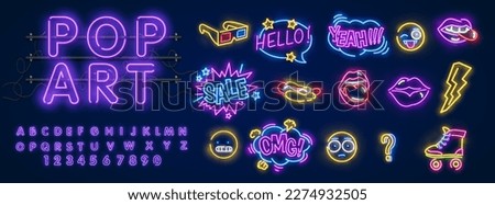 Great bundle neon icons collection. Pop art style. Banana and ice cream. Fruits and hands.