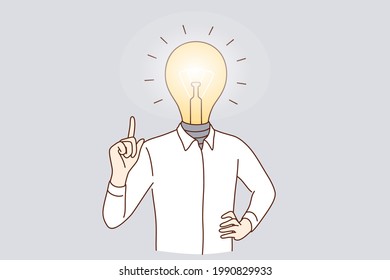 Great business idea and innovation concept. Young caucasian positive man cartoon character standing with light bulb instead of head with finger up vector illustration 