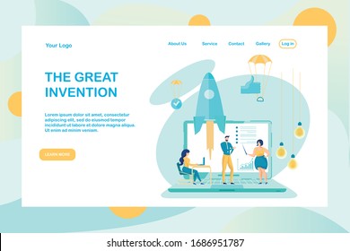 Great Business Invention Startup Landing Page. People Creating and Developing New Innovative Project, Analyzing Future Profit and Financial Income. Tiny MAn Woman on Huge Laptop. Launching Rocket