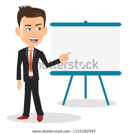 The great business man presenting on a stand white board pointing on the blank template write message text info product service business logo features education mentor manager chairman boss ceo
