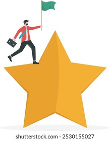 Gran victoria de hombre de negocios. Hombre de negocios levantando una bandera en una gran estrella. Ilustración vectorial
