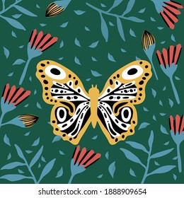Great butterflies in the tropics. The insect pollinates the flowers. Doodle picture of soaring, colored, antennae, winged in nature. For your exotic spring or summer poster design.