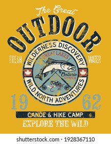 The great Canada outdoor fishing adventure badge  vintage vector print for t shirt grunge effect in separate layer