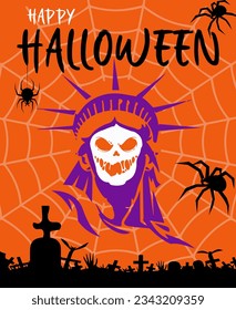 great card American Liberty Skull, Halloween theme, orange background, purple, spiders, cobweb, celebration of Halloween United States, Halloween event