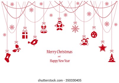 Great card with hanging elements in red color for Merry Christmas and Happy New year