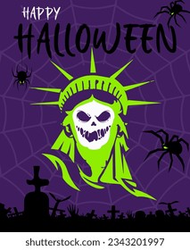 great card Skull Statue of Liberty, October 31st, Halloween, purple background, black, lime green, cobweb, spiders, cemetery, cross, halloween event