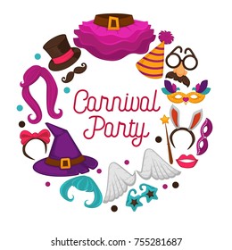 Great carnival party advertisement banner with costume accessories inside circle isolated vector illustrations on white background. Festive outfit elements for thematic event and dancing night.