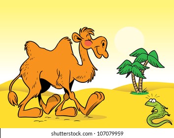 Great cartoon camel is the yellow desert.Against the backdrop of green palms and a lizard.