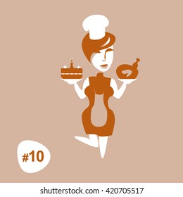 Great Cartoon chef standing in the apron with cooked chicken and delicious cake. Concept for housewife. Vector isolated illustration. Tenth picture from set.  Artwork for girl t shirt or infographics.