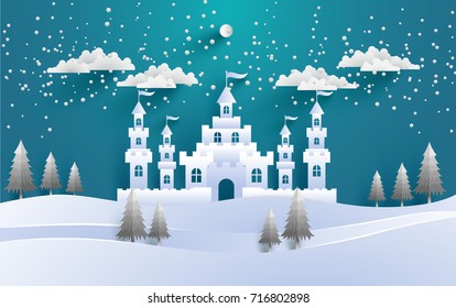 
a great castle on a snowy winter hill. a beautiful winter backdrop with art paper and craft designs