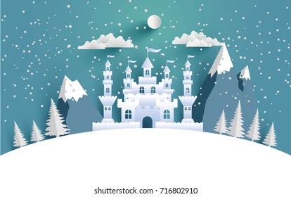 
a great castle on a snowy winter hill. a beautiful winter backdrop with art paper and craft designs