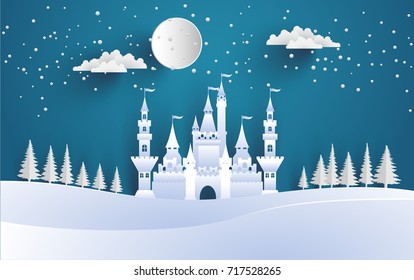 great castle on a snowy winter hill. beautiful winter backdrop with art paper and craft designs