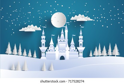 great castle on a snowy winter hill. beautiful winter backdrop with art paper and craft designs