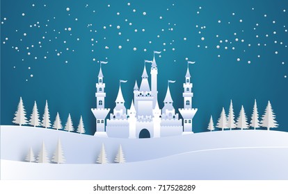 great castle on a snowy winter hill. beautiful winter backdrop with art paper and craft designs