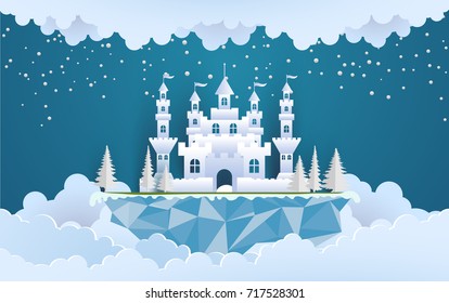 great castle on a snowy winter hill. beautiful winter backdrop with art paper and craft designs