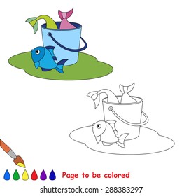 Great catch of fish.  Bucketful, bucket, pail with good fish haul. Kid summer game. Coloring book. Page to be color.  Summer outdoor games for children.