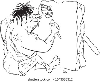 
A Great Cave Man From The Stone Age Draws Something On A Stone Tablet. Graphic Vector Illustration