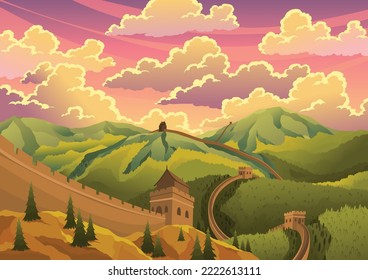 Great chinese wall landscape with watchtowers and wall sections on green mountains for travel or tourism. Chinese prominent sight, monumental giant structure vector illustration