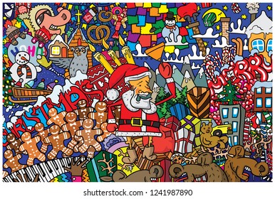 Great Christmas card with Santa Claus, reindeer and gifts