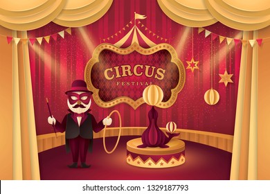 Great Circus Carnival show, Fur Seal on a circus stand with ball and Animal Trainer, Gold Curtains stage with Circus Frame, triangle bunting flags, Sea Lion Fun Fair, Walrus festival,Paper art vector