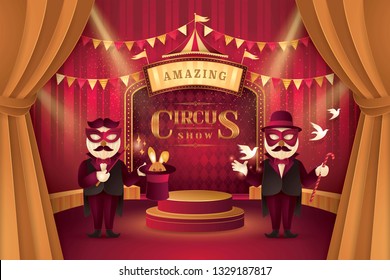 Great Circus Show, Magic Show And Magician Trick With Bunny Rabbit In Hat, Gold Curtains Stage With Circus Frame, Triangle Bunting Flags,Animal Fun Fair,Carnival Festival,Paper Art Vector Illustration