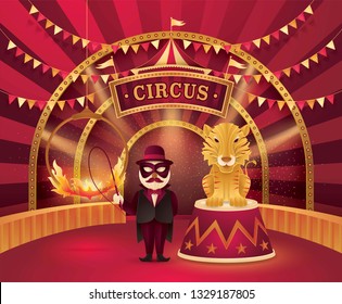 Gran espectáculo de circo, tigre en un puesto de circo y actor controlando con anillo de fuego, escenario rojo y dorado con marco de circo, banderas triangulares, feria de diversión animal, festival de carnaval, vector de arte de papel