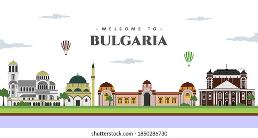 Great city landscape panorama view of Bulgaria with famous landmarks. Set vector illustration can be use for poster travel book, postcard, billboard. Business travel and tourist guide