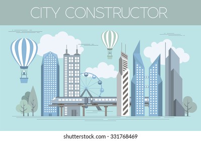 Great city map creator. Color version. House constructor. House, cafe, restaurant, shop, infrastructure, industrial, transport, village and countryside. Make your perfect city. Vector illustration