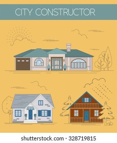 Great city map creator. Colour version. House constructor. House, cafe, restaurant, shop, infrastructure, industrial, transport, village and countryside. Make your perfect city. Vector illustration